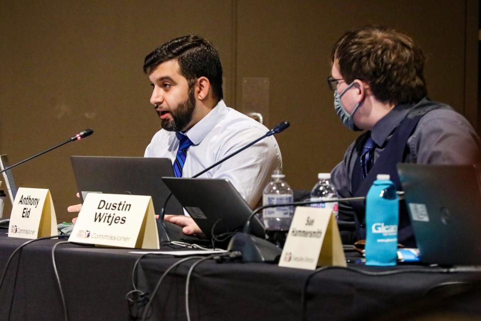 Commissioner Anthony Eid shares his opinion that the maps drawn were 'to the best of their ability,' and wants to move forward on voting on drawn maps for voting deadlines, during the Michigan Independent Citizens Redistricting Commission meeting to vote on new congressional and legislative districts for the next decade in Lansing on Dec. 28, 2021.