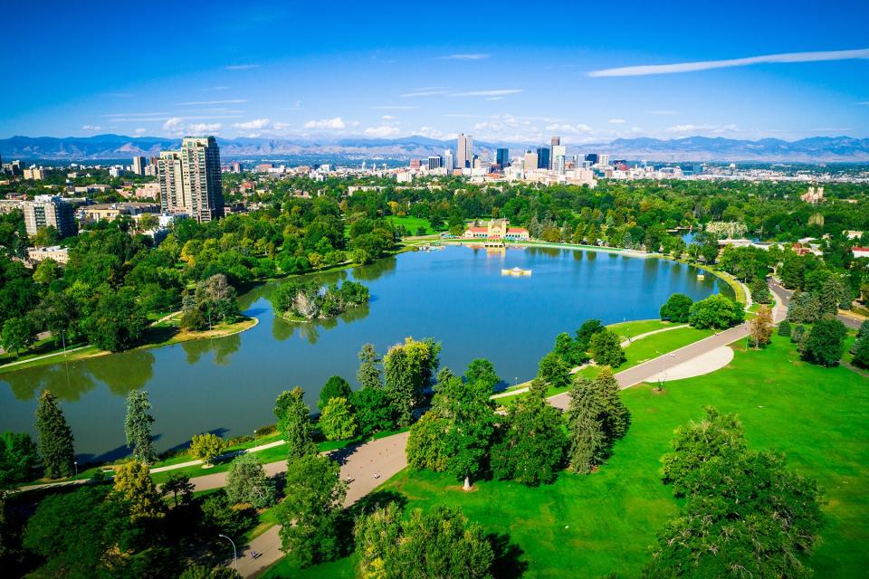 Colorado aerial drone view above City Park in east Denver near downtown showing the city skyline and Rocky Mountains in the background