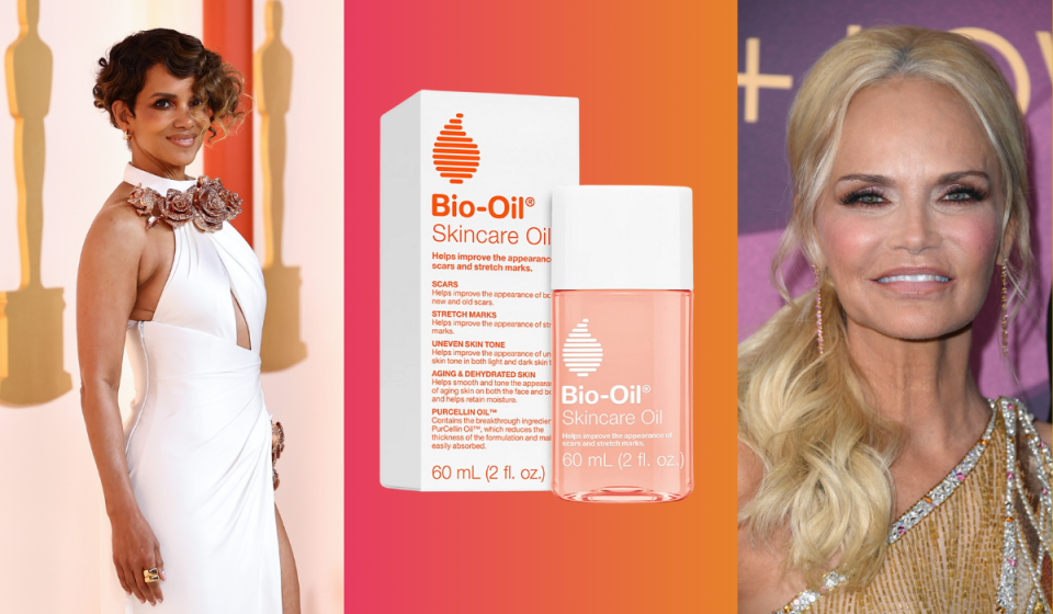 halle berry and kristin chenoweth with a bottle of bio-oil in between them