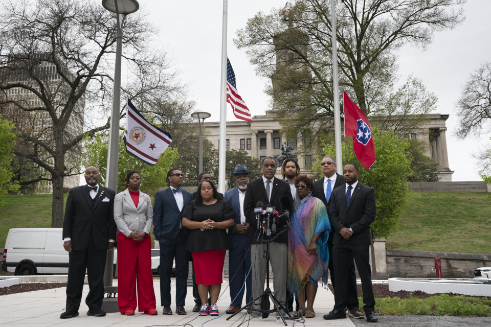 Members of the Tennessee Black Caucus of State Legislators hold a news conference outside the state Capitol Friday, April 7, 2023, in Nashville, Tenn. the day after two of its members were expelled from the state Legislature. (AP Photo/George Walker IV)