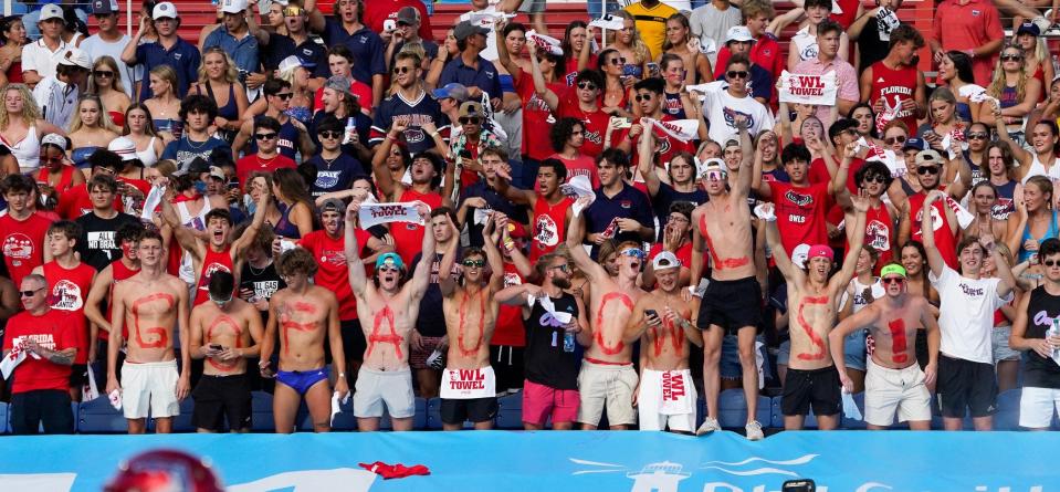 The Florida Atlantic student section cheers during a 42-20 victory over Monmouth at FAU Stadium on Saturday, September 2, 2023, in Boca Raton, FL.