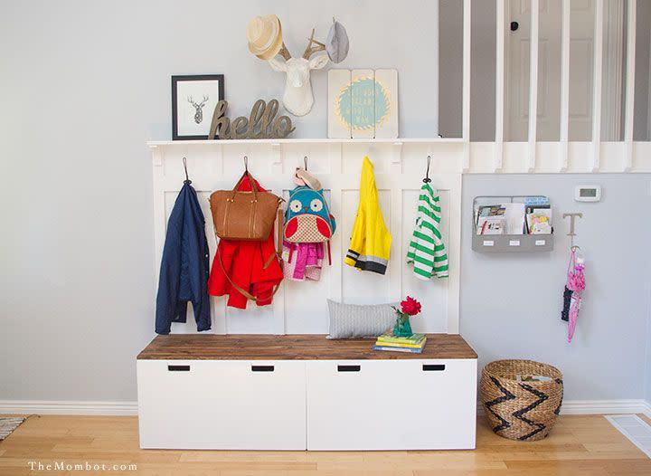 <p>The secret to an organized home is never believing you have enough <a href="https://www.housebeautiful.com/home-remodeling/diy-projects/how-to/g2037/diy-storage-solutions/" rel="nofollow noopener" target="_blank" data-ylk="slk:storage;elm:context_link;itc:0;sec:content-canvas" class="link ">storage</a>. Here, two storage benches serve an even greater purpose with the addition of coat and bag hooks, and a ledge shelf up top for art.</p><p>Get the tutorial at <a href="http://themombot.com/crafting/2015/06/25/ikea-hack-diy-mudroom-benches/" rel="nofollow noopener" target="_blank" data-ylk="slk:The Mombot;elm:context_link;itc:0;sec:content-canvas" class="link ">The Mombot</a>.</p><p><a class="link " href="https://go.redirectingat.com?id=74968X1596630&url=https%3A%2F%2Fwww.ikea.com%2Fus%2Fen%2Fcat%2Fstuva-system-18836%2F&sref=https%3A%2F%2Fwww.countryliving.com%2Fhome-maintenance%2Fg37186772%2Fentryway-ikea-hacks%2F" rel="nofollow noopener" target="_blank" data-ylk="slk:SHOP STUVA SYSTEMS;elm:context_link;itc:0;sec:content-canvas">SHOP STUVA SYSTEMS</a> <strong><em>Stuva </em></strong><em><strong>Storage Bench parts, various prices</strong></em><br></p>