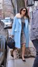 <p>Amal continues her week of gorgeous coats with a bright blue pick, paired with a leopard print dress and pointy heels.</p>