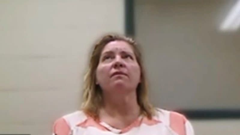 This image from video provided by the Utah State Courts shows Jodi Hildebrandt during a virtual court appearance, Friday, Sept. 8, 2023, in St. George, Utah. Hildebrandt, 54, and Ruby Franke were charged with six felony counts of aggravated child abuse after their arrests on Aug. 30 at Hildebrandt’s house in Ivins, Washington County.