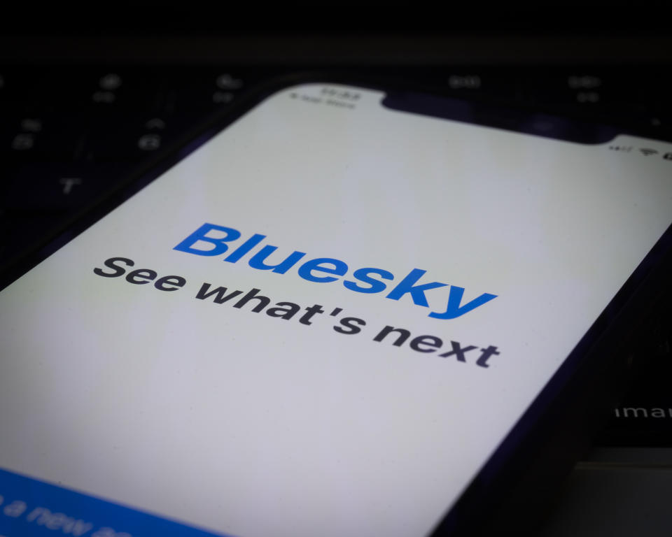 The Bluesky logo for the social media app is seen on a mobile device in this photo illustration in Warsaw, Poland on April 21, 2023. Twitter founder Jack Dorsey released the Bluesky application on Android.  (Photo by Jaap Arriens/NurPhoto via Getty Images)
