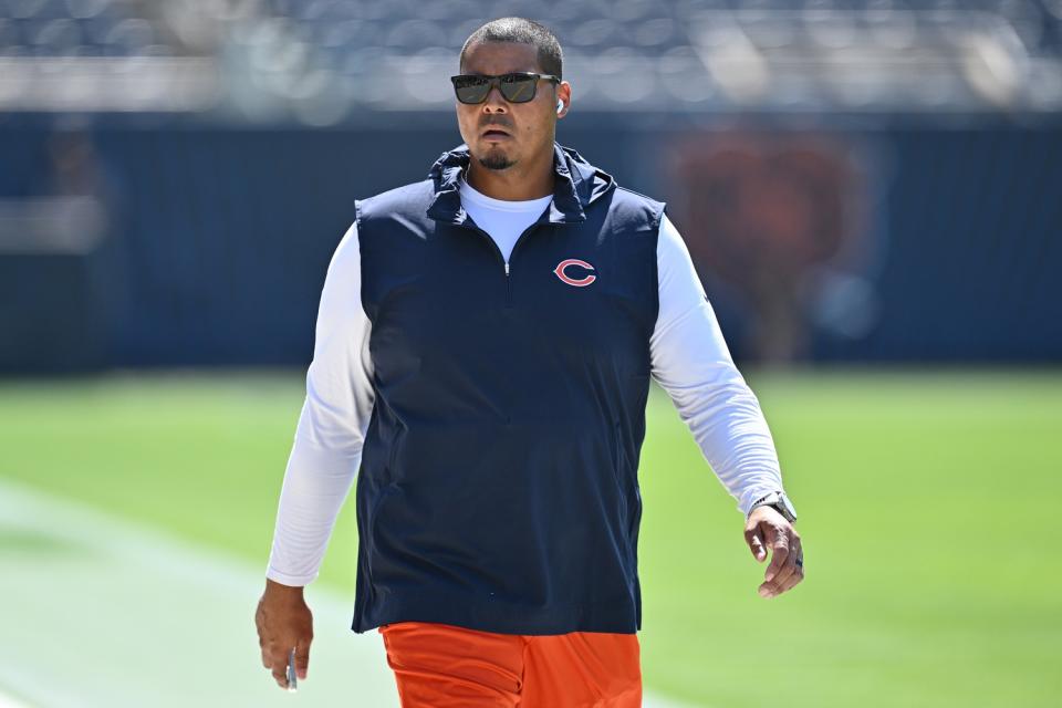 Sep 10, 2023; Chicago, Illinois, USA; Chicago Bears general manager Ryan Poles walks laps around the field before their game against the Green Bay Packers at Soldier Field. Mandatory Credit: Jamie Sabau-USA TODAY Sports