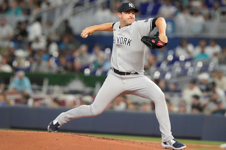 New York Yankees starting pitcher Michael King aims a pitch during the first inning of a baseball game against the Miami Marlins, Saturday, Aug. 12, 2023, in Miami. (AP Photo/Marta Lavandier)