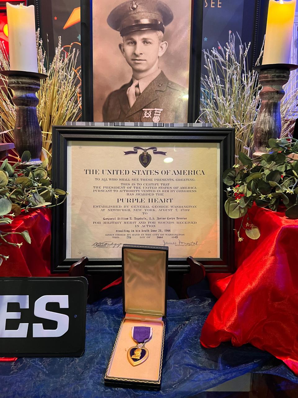 The Purple Heart given to Cpl. William Ragsdale's widow, Eloise, is displayed at his visitation 78 years after his death.