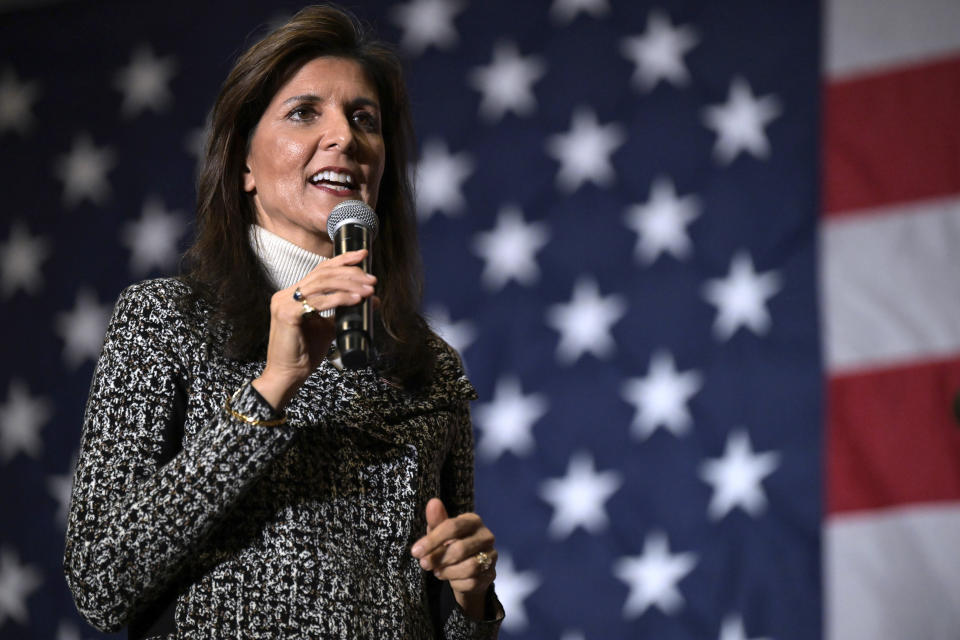 FILE - Republican presidential candidate former UN Ambassador Nikki Haley speaks at a campaign event in Conway, S.C., Jan. 28, 2024. (AP Photo/Matthew Kelley, File)
