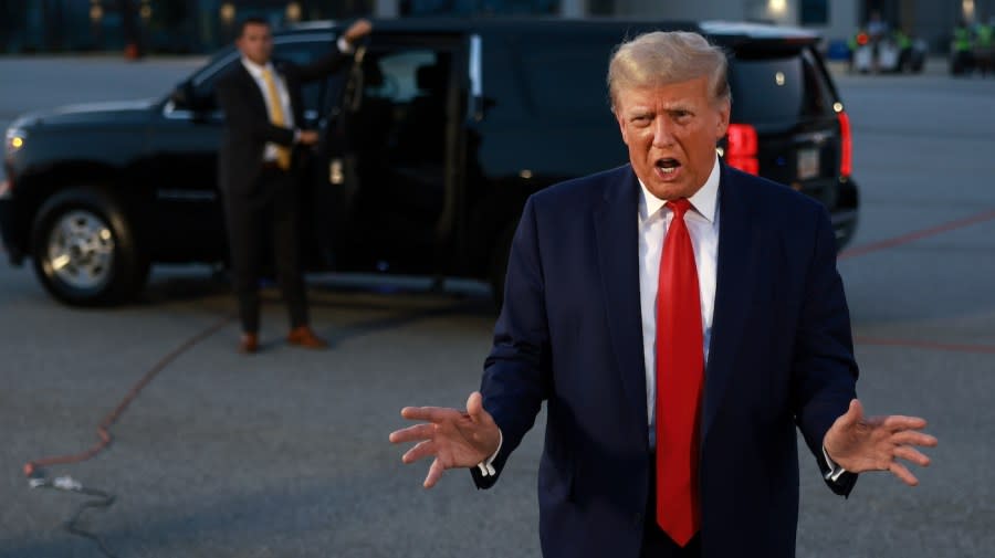 <em>Former President Trump speaks to the media at Atlanta Hartsfield-Jackson International Airport after surrendering at the Fulton County Jail on Aug. 24, 2023 in Atlanta. </em>(Photo by Joe Raedle/Getty Images)