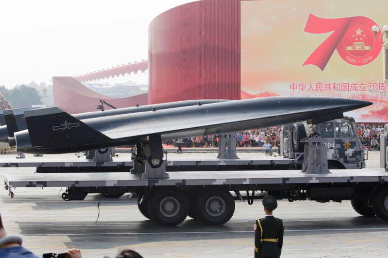 FILE PHOTO: Military vehicle carrying a WZ-8 supersonic reconnaissance drone travels past Tiananmen Square during military parade marking the 70th founding anniversary of People's Republic of China