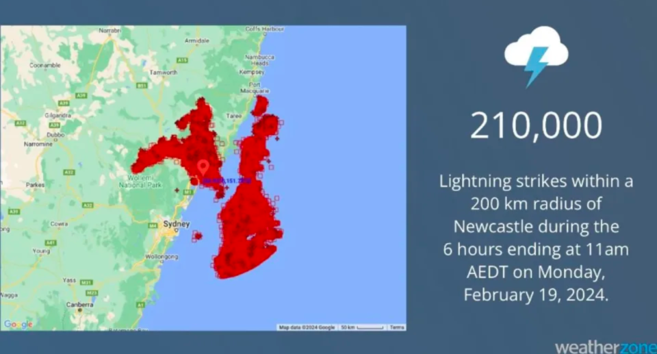 Weatherzone’s Total Lightning Network showing approx. 210,000 lightning strikes within a 200km radius of Newcastle between 5am and 11am AEDT. 