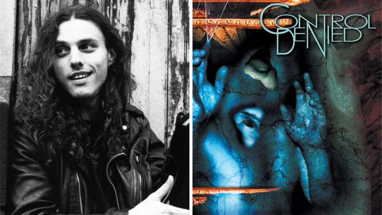  A photo of Chuck Schuldiner in 1995, next to the front cover of The Fragile Art Of Existence by Control Denied. 