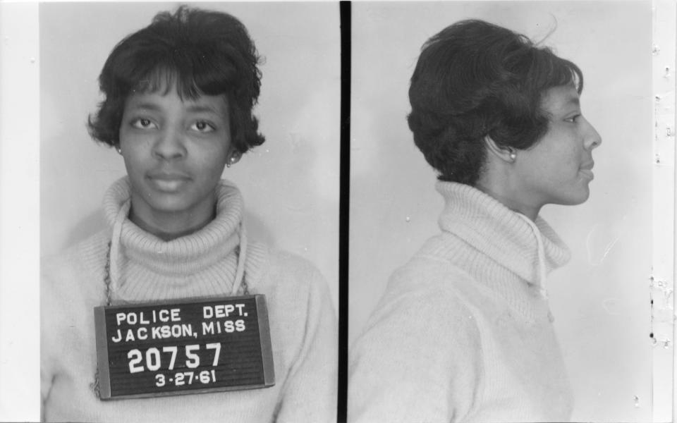 Police booked Ethel Sawyer, one of the "Tougaloo Nine" students arrested March 27, 1961, for entering the all-white library in Jackson, Miss.