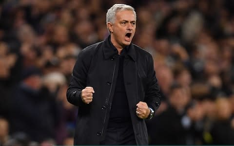 Jose Mourinho, Manager of Tottenham Hotspur celebrates after Harry Kane of Tottenham Hotspur (not pictured) scored their teams second goal during the UEFA Champions League group B match between Tottenham Hotspur and Olympiacos FC - Credit: GETTY IMAGES