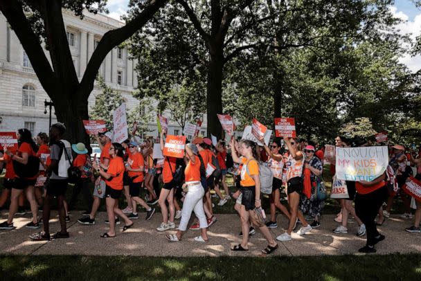 PHOTO: Uvalde and Highland Park mass shootings survivors, families and supporters rally on Capitol Hill in Washington, DC, calling for stricter gun controls, July 13, 2022. (Oliver Contreras/AFP via Getty Images)