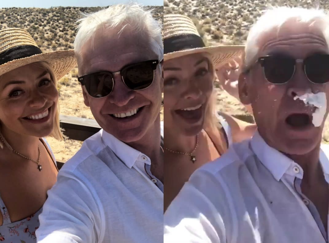 Phillip Schofield's holiday selfie with Holly Willoughby was interrupted when the latter's husband pranked the 'This Morning' presenter using suncream (Phillip Schofield/Instagram) 