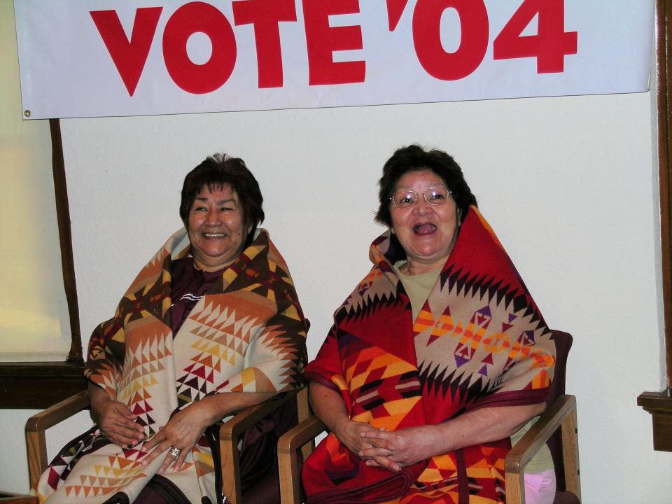 Ella Doka and Roberta Denny, the daughters of Harry Austin and Frank Harrison, were honored at a Native Vote event on July 14, 2004 at the Carnegie Public Library and Library Park in Phoenix.