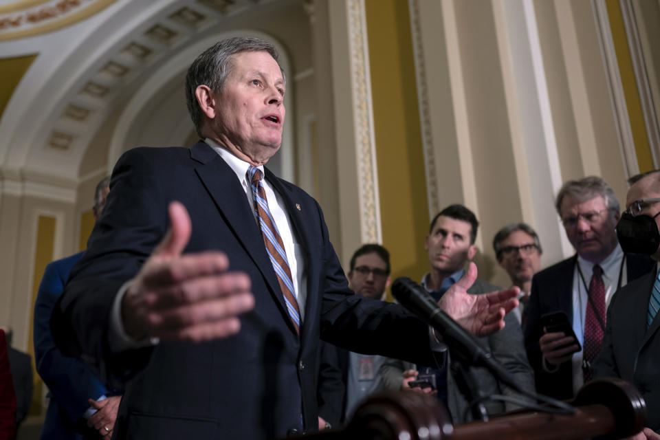 FILE - Sen. Steve Daines, R-Mont., speaks during a news conference at the Capitol in Washington, Feb. 14, 2023. Senate Republicans campaign operation is taking steps to avoid a repeat of the party's disastrous showing in last year's midterms. The National Republican Senatorial Committee said it intends to wade into party primaries in key states, providing resources to their prefered candidates in a bid to produce nominees who are more palatable to general election voters. Daines is the new chairman of the NRSC (AP Photo/J. Scott Applewhite, File)