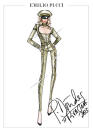 <b>Rita Ora's Emilio Pucci Radioactive tour wardrobe design sketches </b><br><br>This Pucci sketch included a khaki-coloured military-style jumpsuit with lace panel detailing.<br><br>© Emilio Pucci