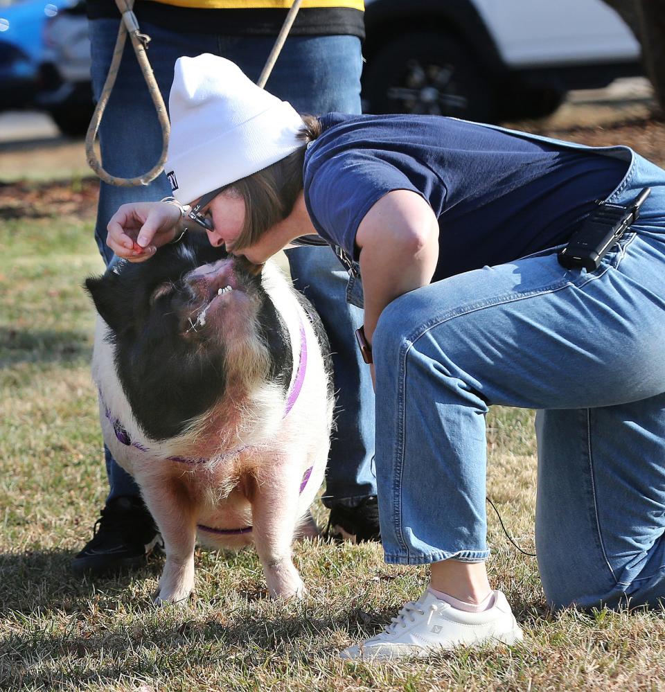 Horace Mitchell Primary School Principal Allison Gamache challenged students at the school to read 1,000 books. They did, and Gamache followed through on her end of the deal, kissing a pig in front of the entire school Friday, Dec. 1, 2023.