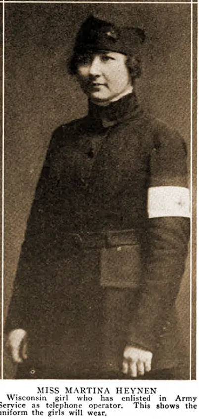 Martina Heynen, 19, stands in a military uniform. She will be one of just four Wisconsin women selected for the Hello Girls service, but will be the only Wisconsin woman to serve on the frontlines.