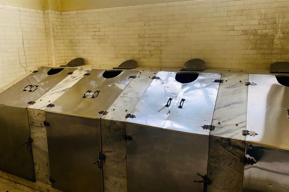 A row of vapor cabinets at Fordyce Bathhouse in Hot Springs National Park in Arkansas