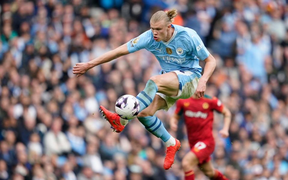 Manchester City's Erling Haaland is in action during the English Premier League soccer match between Manchester City and Wolverhampton Wanderers at the Etihad Stadium in Manchester, England, Saturday, May 4, 2024