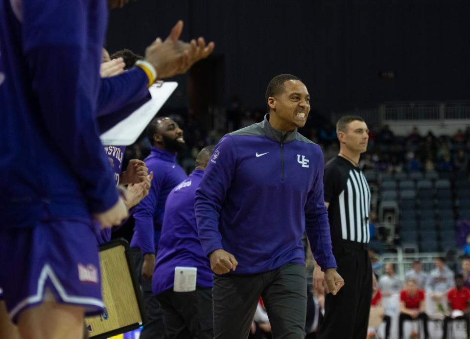 Evansville’s Head Coach David Ragland reacts as the University of Evansville Purple Aces play the Illinois State Redbirds at Ford Center in Downtown Evansville, Ind., Saturday afternoon, Jan. 7, 2023.