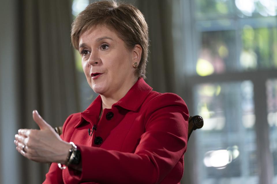 The First Minister of Scotland, Nicola Sturgeon, is interviewed, Tuesday, May 17, 2022, in Washington. Sturgeon spoke to the Associated Press Tuesday on her first US visit since the COVID lockdown. (AP Photo/Jacquelyn Martin)