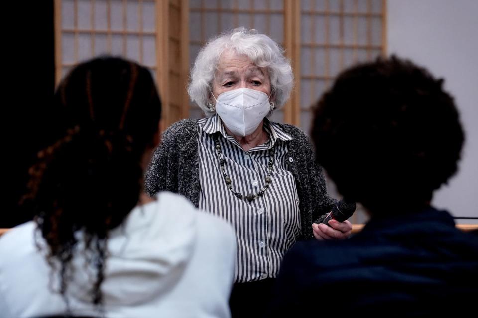 Ada Winsten, a Holocaust survivor living in Providence, speaks to Rhode Island high-school students in the Leadership Institute For Teens at the Sandra Bornstein Holocaust Education Center.