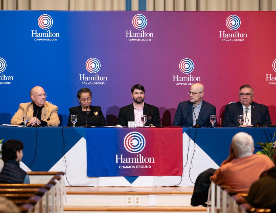 From left: Jerry Buchanan, Michelle Howard, Connor Williams, Ty Seidule and Lawrence Guzman Romo sit inside Hamilton College's Chapel in Clinton, NY on Wednesday, February 7, 2024.