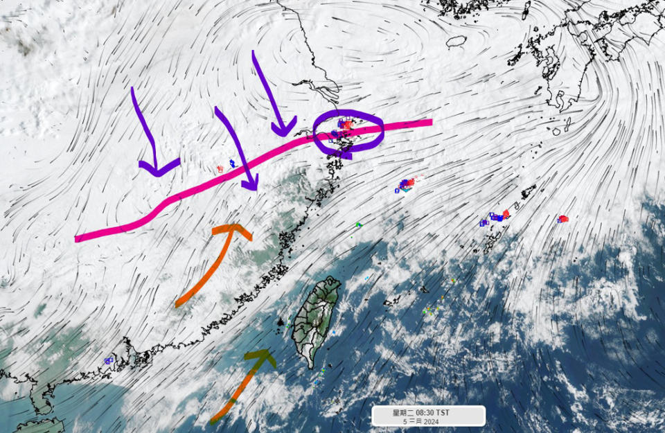 今天長江中下游有道鋒面逐漸南移中，周三將來到台灣附近。(翻攝自彭啟明臉書)