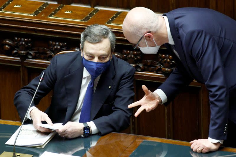 Italy's Prime Minister Mario Draghi addresses the lower house of parliament ahead of a confidence vote, in Rome