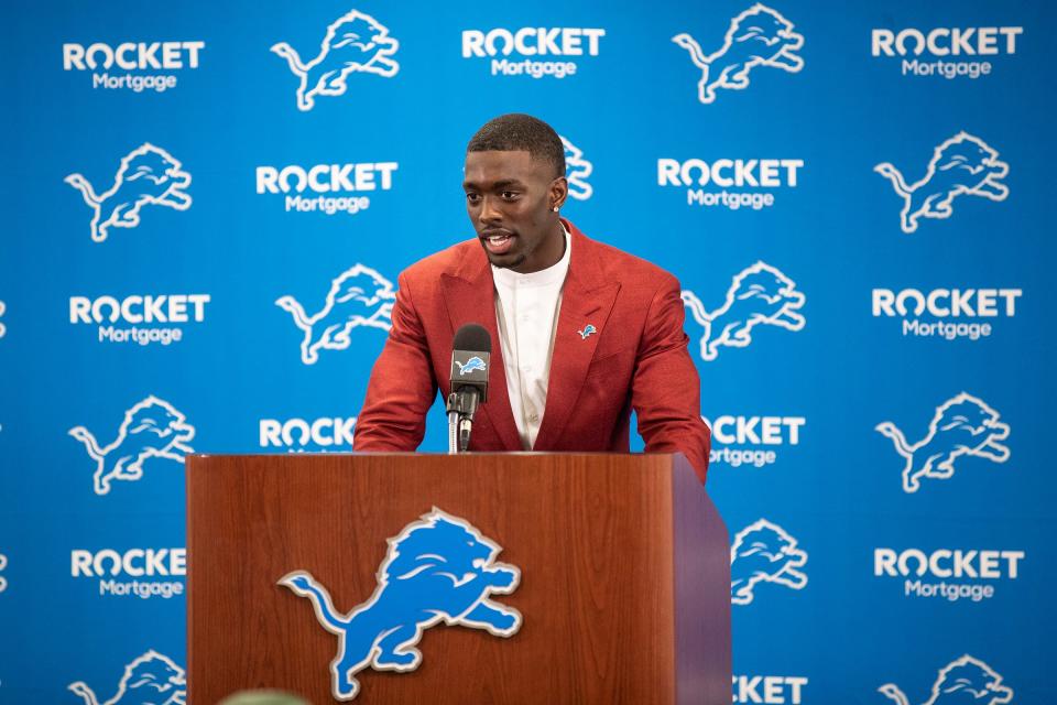 Lions first-round NFL draft pick Terrion Arnold speaks at the introductory press conference at Detroit Lions headquarters and training facility in Allen Park on Friday, April 26, 2024.