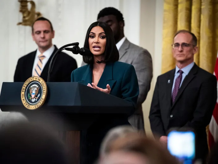 Kim Kardashian speaks with President Donald J. Trump at an event on promoting second chance hiring to ensure Americans have opportunities to succeed after leaving prison in the East Room at the White House on Thursday, June 13, 2019.