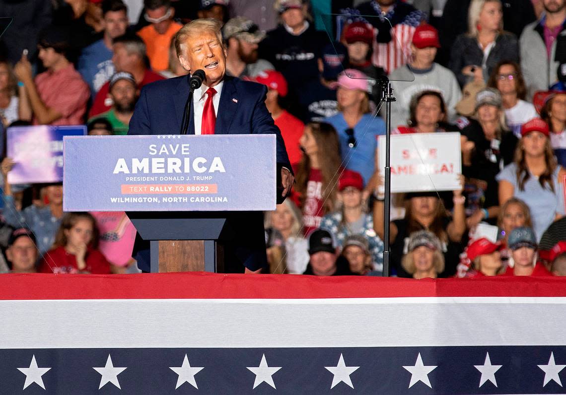 Former president Donald Trump speaks during a rally at Wilmington International Airport on Friday, Sept. 23, 2022.