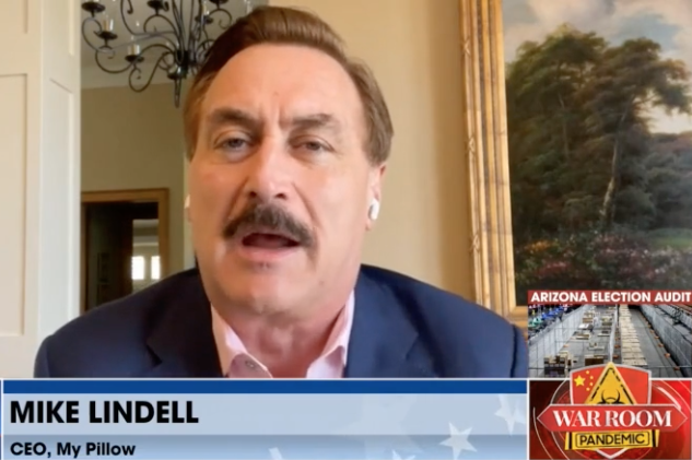 Mike Lindell, CEO of MyPillow, in an appearance on Steve Bannon’s podcast ‘War Room’ on 8 May 2021 (War Room: Pandemic via Rumble)