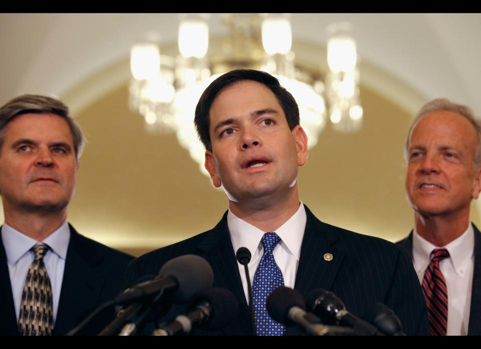 WASHINGTON, DC - MAY 22:  Sen. Marco Rubio (R-FL) (C) speaks during news conference with America Online co-founder and member of the President's Council on Jobs & Competitiveness Steve Case (L) and Sen. Jerry Moran (R-KS) at the U.S. Capitol May 22, 2012 in Washington, DC. Cas and the senators held a press conference to unveil the bipartisan Startup Act 2.0.  (Photo by Chip Somodevilla/Getty Images)