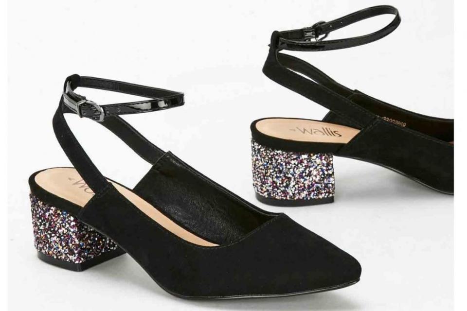 Black Glitter Ankle Strap Heel Shoe