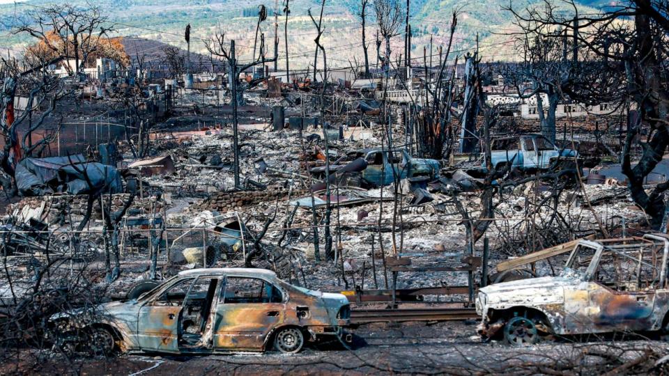 PHOTO: A view of destruction from Hwy 30 days after a fierce wildfire destroyed the town, Aug. 14, 2023, in Lahaina, Hawaii. (Robert Gauthier/Los Angeles Times via Getty Images)