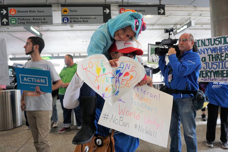 Demonstrators against President Donald Trump's Muslim Ban come together at Los Angeles International Airport, in Los Angeles, California, United States on February 4, 2017.