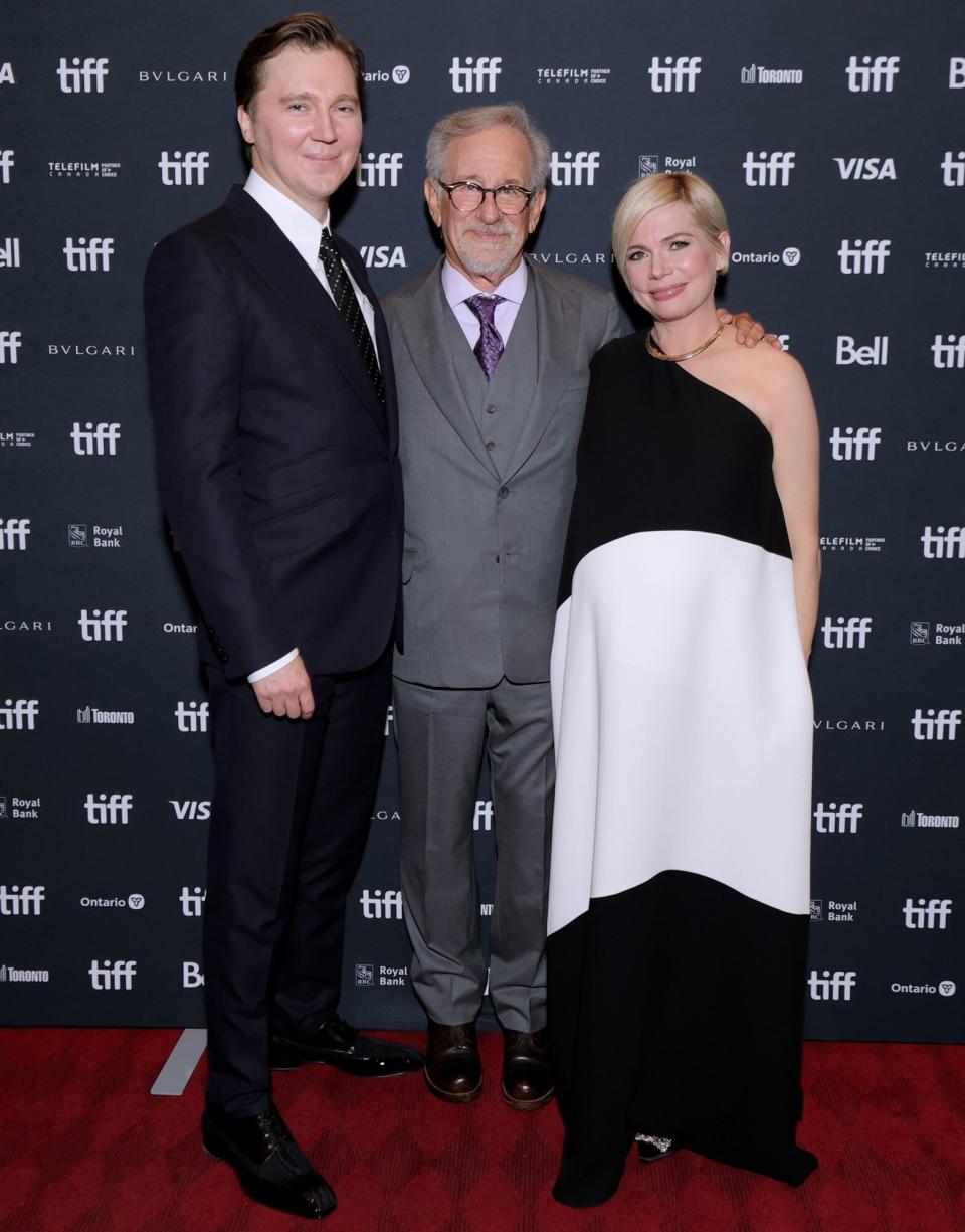 TORONTO, ONTARIO - SEPTEMBER 10: (L-R) Paul Dano, Steven Spielberg and Michelle Williams attend "The Fabelmans" Premiere during the 2022 Toronto International Film Festival at Princess of Wales Theatre on September 10, 2022 in Toronto, Ontario. (Photo by Michael Loccisano/Getty Images)