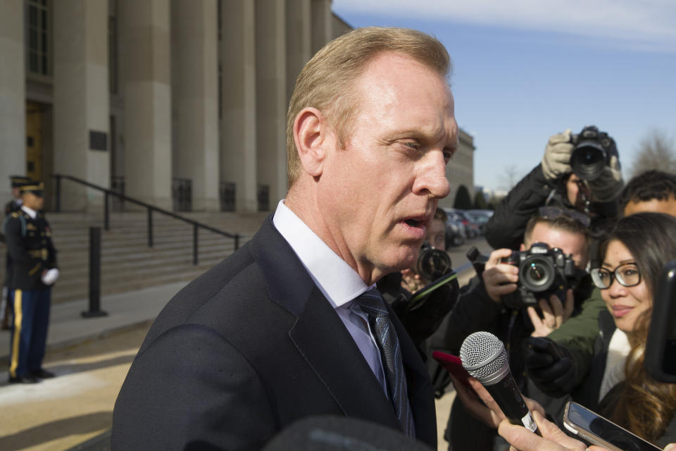 Acting Defense Secretary Patrick Shanahan speaks with the media as he waits for the arrival of NATO Secretary General Jens Stoltenberg at the Pentagon, Monday, Jan. 28, 2019, in Washington. (AP Photo/Alex Brandon)