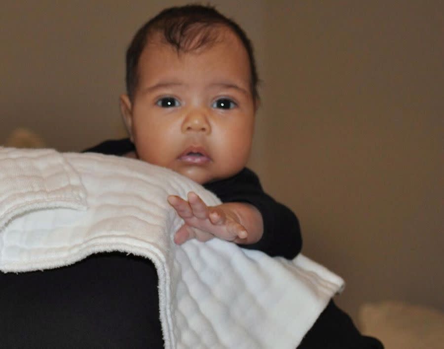 How cute is baby North? Kanye West proudly debuted the highly anticipated first pic of his adorable baby daughter with girlfriend Kim Kardashian on her mother Kris Jenner's talk show. "She has Kim's eyes and Kanye's cheeks," Jenner said of her two-month-old granddaughter. The famous couple welcomed North into the world in June.