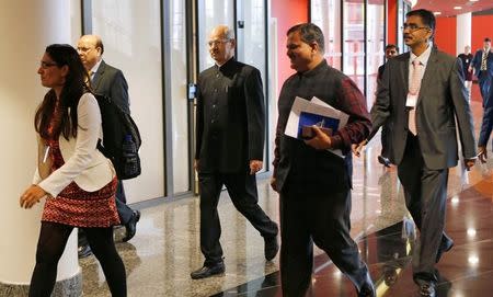 India's minister of environment, forest and climate change Anil Madhav Dave arrives for a bilateral meeting with former U.S. Secretary of State John Kerry during the Meeting of the Parties to the Montreal Protocol on the elimination of hydro fluorocarbons (HFCs) use in Kigali, Rwanda October 14, 2016. REUTERS/James Akena/Files