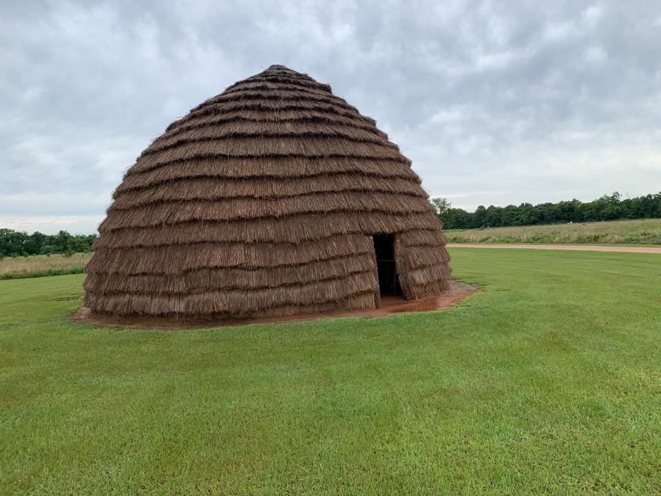 A replica grass domicile at Caddo Mounds State Historic Site is among the most evocative elements of the complex, brought back from the destruction of a 2019 tornado.