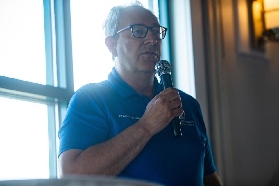 Michigan State Senator Roger Victory speaks to voters during a candidate forum by the West Coast Chamber of Commerce on Monday, June 20, 2022, at Boatwerks in Holland.