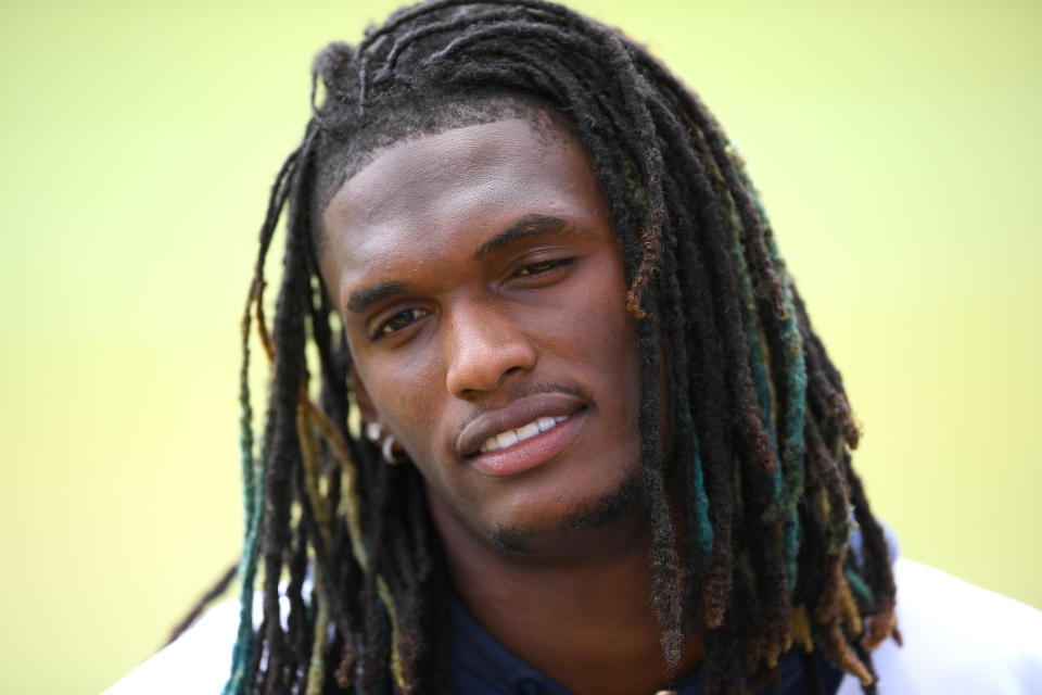 OXNARD, CA - JULY 24: Wide receiver CeeDee Lamb #88 of the Dallas Cowboys answers questions from the media following a day of training camp at River Ridge Complex on July 24, 2021 in Oxnard, California. (Photo by Jayne Kamin-Oncea/Getty Images)