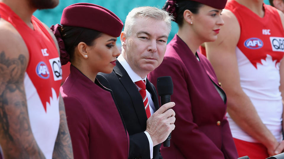 Sydney Swans chairman Andrew Pridham, pictured here speaking to the media in 2016.